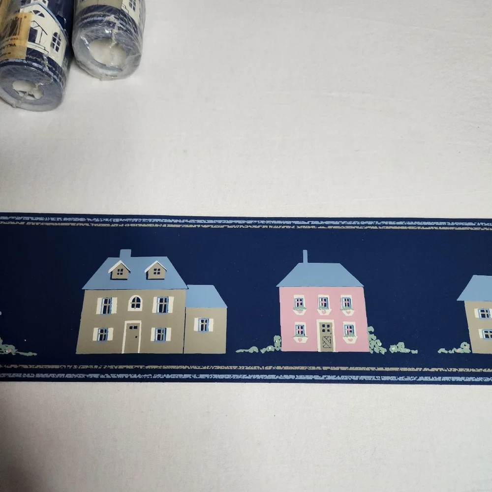 Vintage lot of 8 wallpaper border country cottage house houses church tree blue